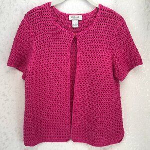 Westbound Bright Pink Crochet Open-Front Cardigan 100% Cotton Boho Style Size L